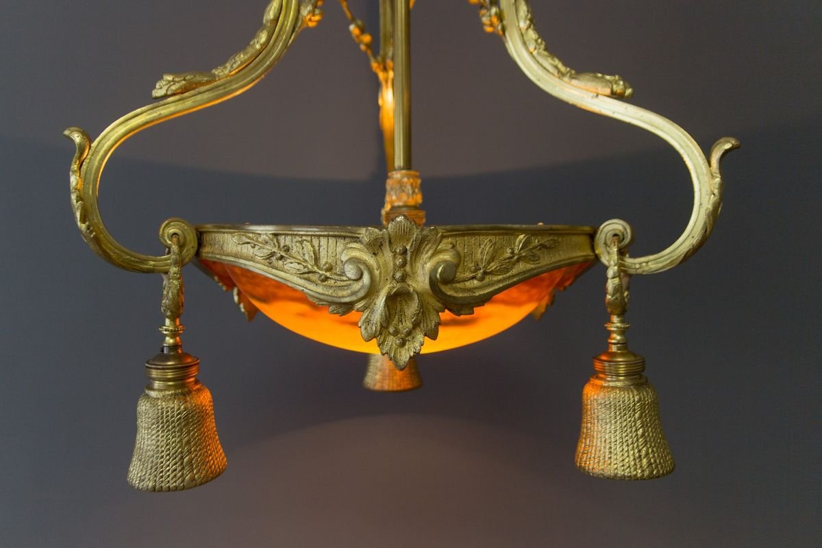 Neoclassical Style Gilt Bronze Chandelier from Verrerie D'Art Degué, 1920s