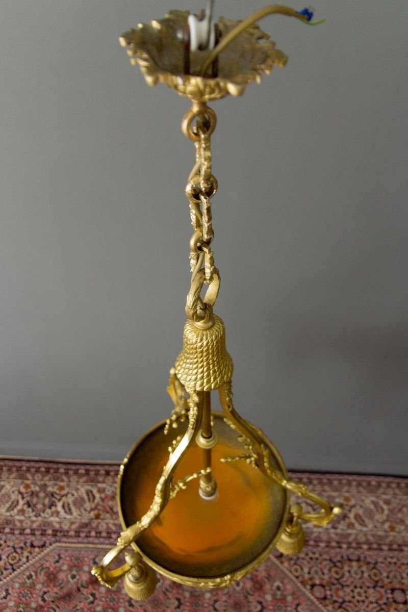 Neoclassical Style Gilt Bronze Chandelier from Verrerie D'Art Degué, 1920s