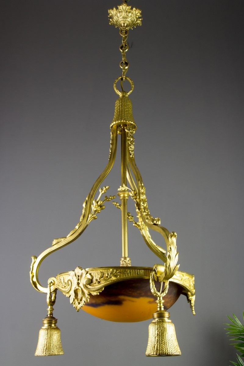 Neoclassical Style Gilt Bronze Chandelier from Verrerie D'Art Degué, 1920s