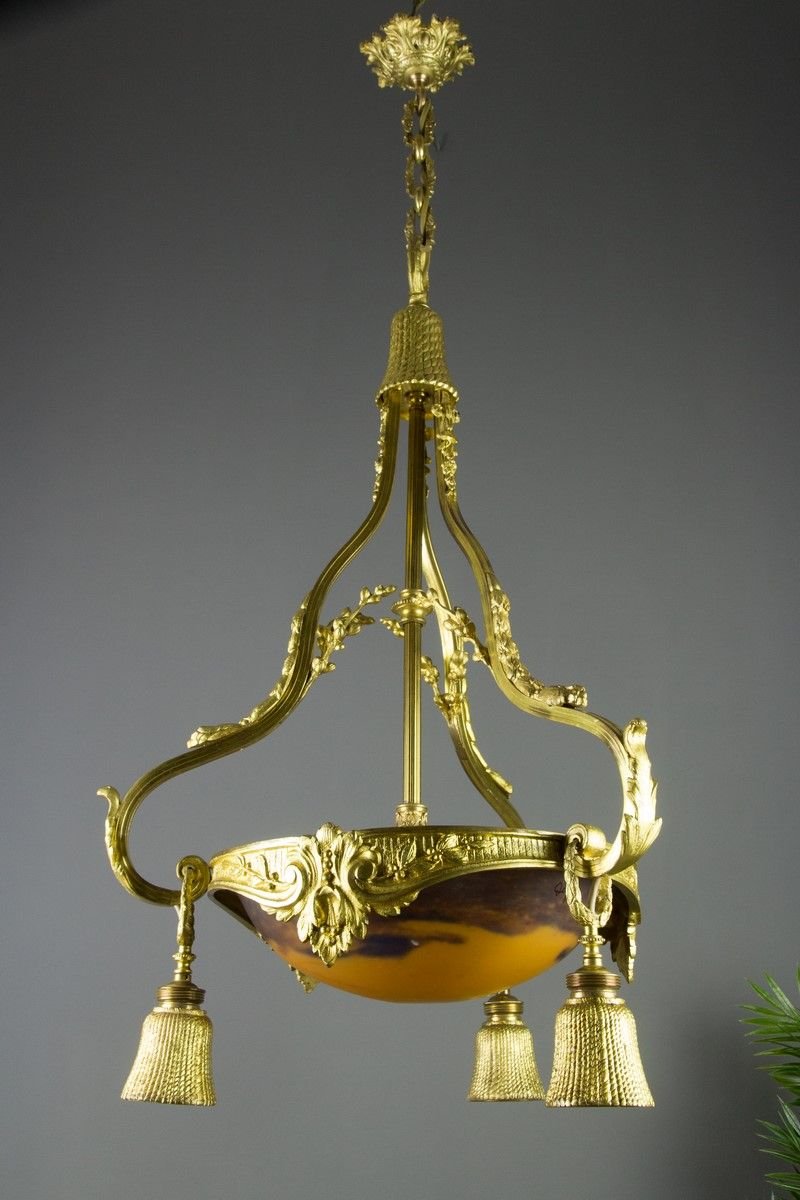 Neoclassical Style Gilt Bronze Chandelier from Verrerie D'Art Degué, 1920s