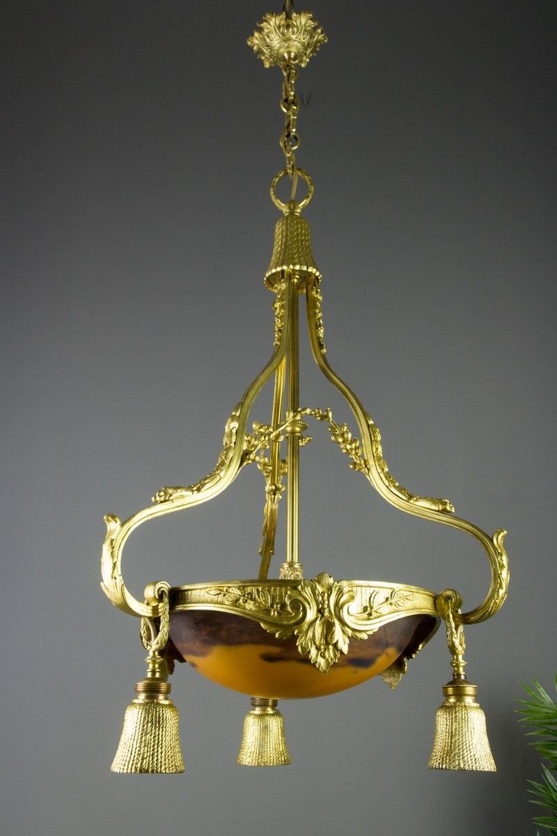 Neoclassical Style Gilt Bronze Chandelier from Verrerie D'Art Degué, 1920s