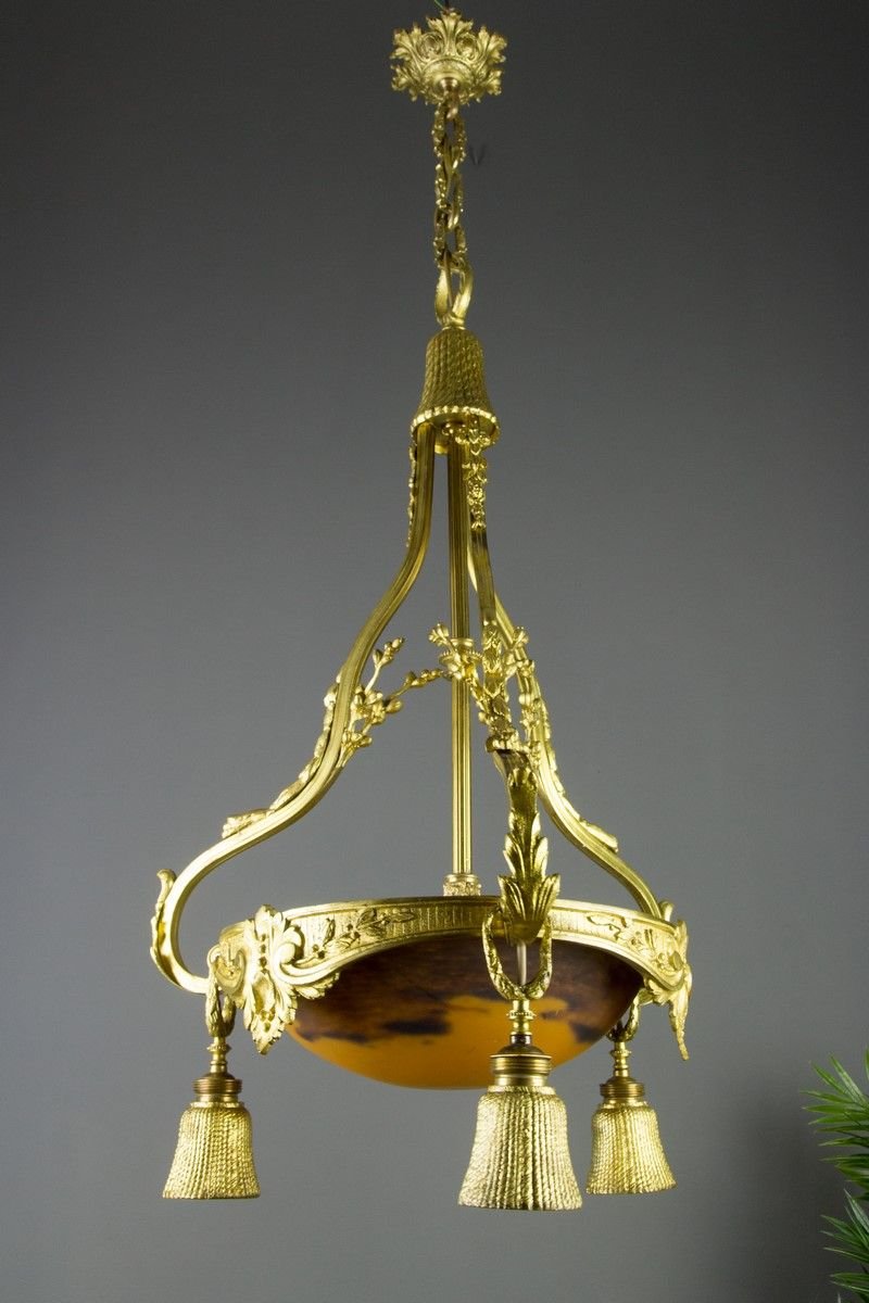 Neoclassical Style Gilt Bronze Chandelier from Verrerie D'Art Degué, 1920s