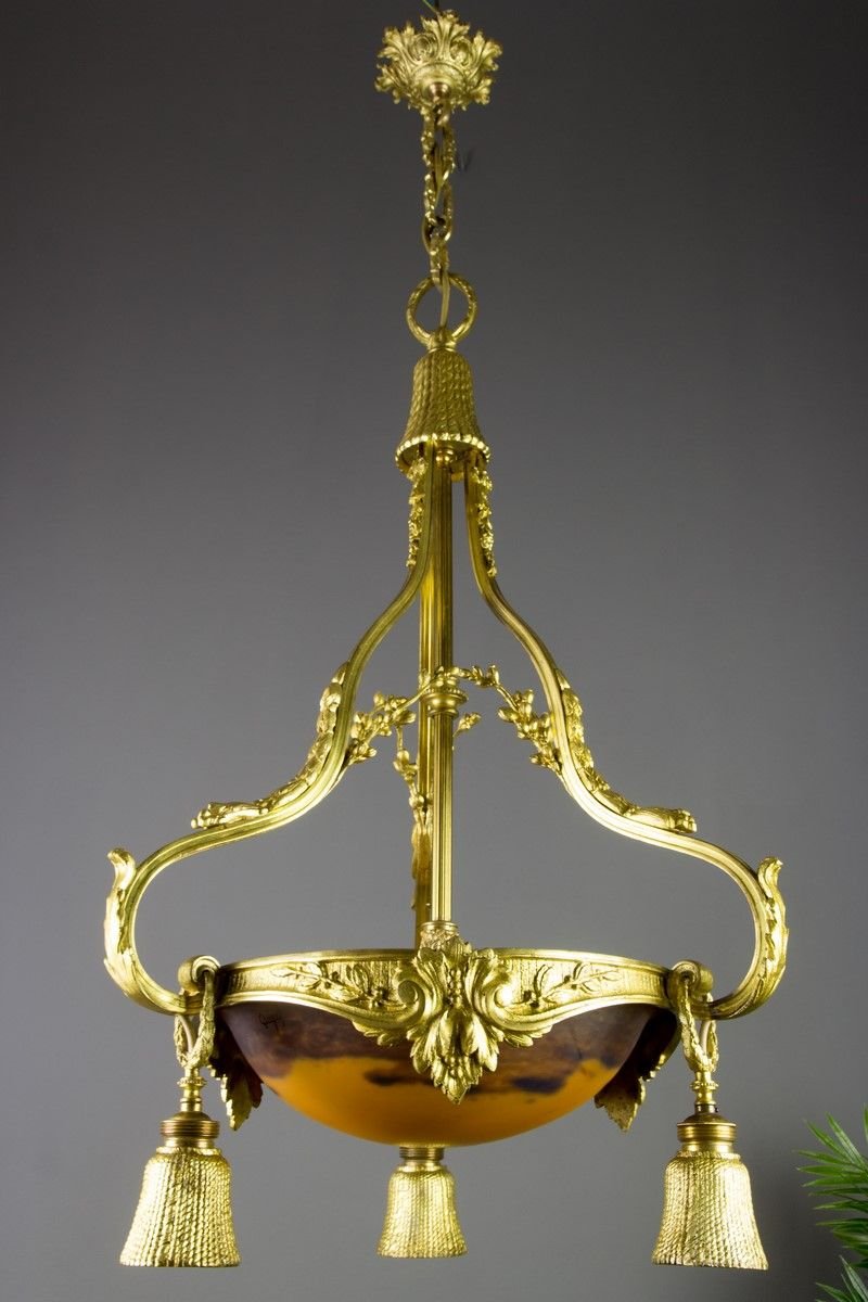 Neoclassical Style Gilt Bronze Chandelier from Verrerie D'Art Degué, 1920s