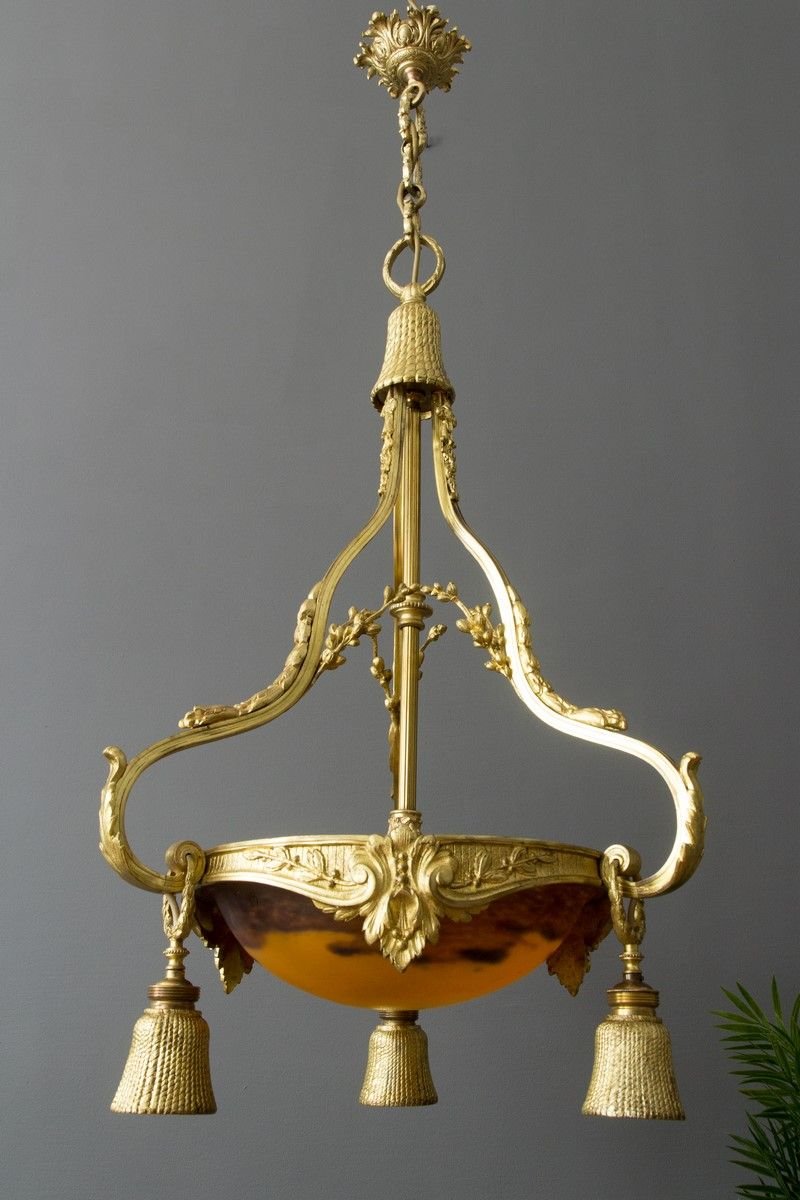 Neoclassical Style Gilt Bronze Chandelier from Verrerie D'Art Degué, 1920s