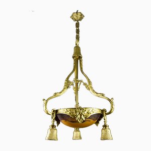 Neoclassical Style Gilt Bronze Chandelier from Verrerie D'Art Degué, 1920s-KEG-745446