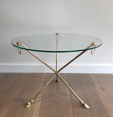 Neoclassical Style Round Brass Tripod Coffee Table with Doe Feet and Glass Top from Maison Jansen, France, 1960s-BA-954265