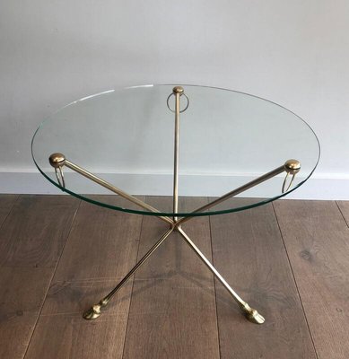 Neoclassical Style Round Brass Tripod Coffee Table with Doe Feet and Glass Top from Maison Jansen, France, 1960s-BA-954265