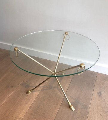 Neoclassical Style Round Brass Tripod Coffee Table with Doe Feet and Glass Top from Maison Jansen, France, 1960s-BA-954265