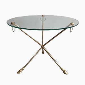 Neoclassical Style Round Brass Tripod Coffee Table with Doe Feet and Glass Top from Maison Jansen, France, 1960s-BA-954265