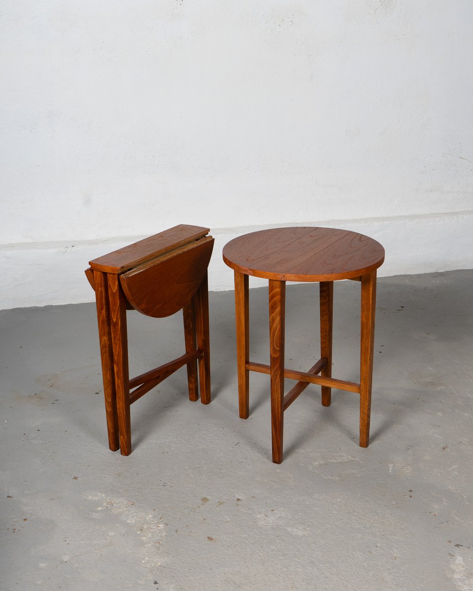 Nesting Table and Foldable Stools in Teak and Beech, 1970s, Set of 5