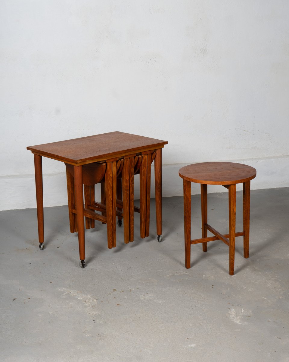 Nesting Table and Foldable Stools in Teak and Beech, 1970s, Set of 5