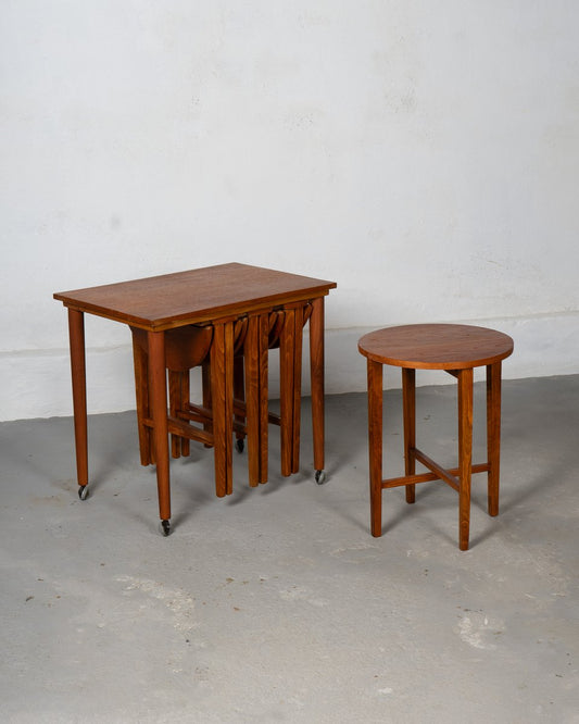 Nesting Table and Foldable Stools in Teak and Beech, 1970s, Set of 5