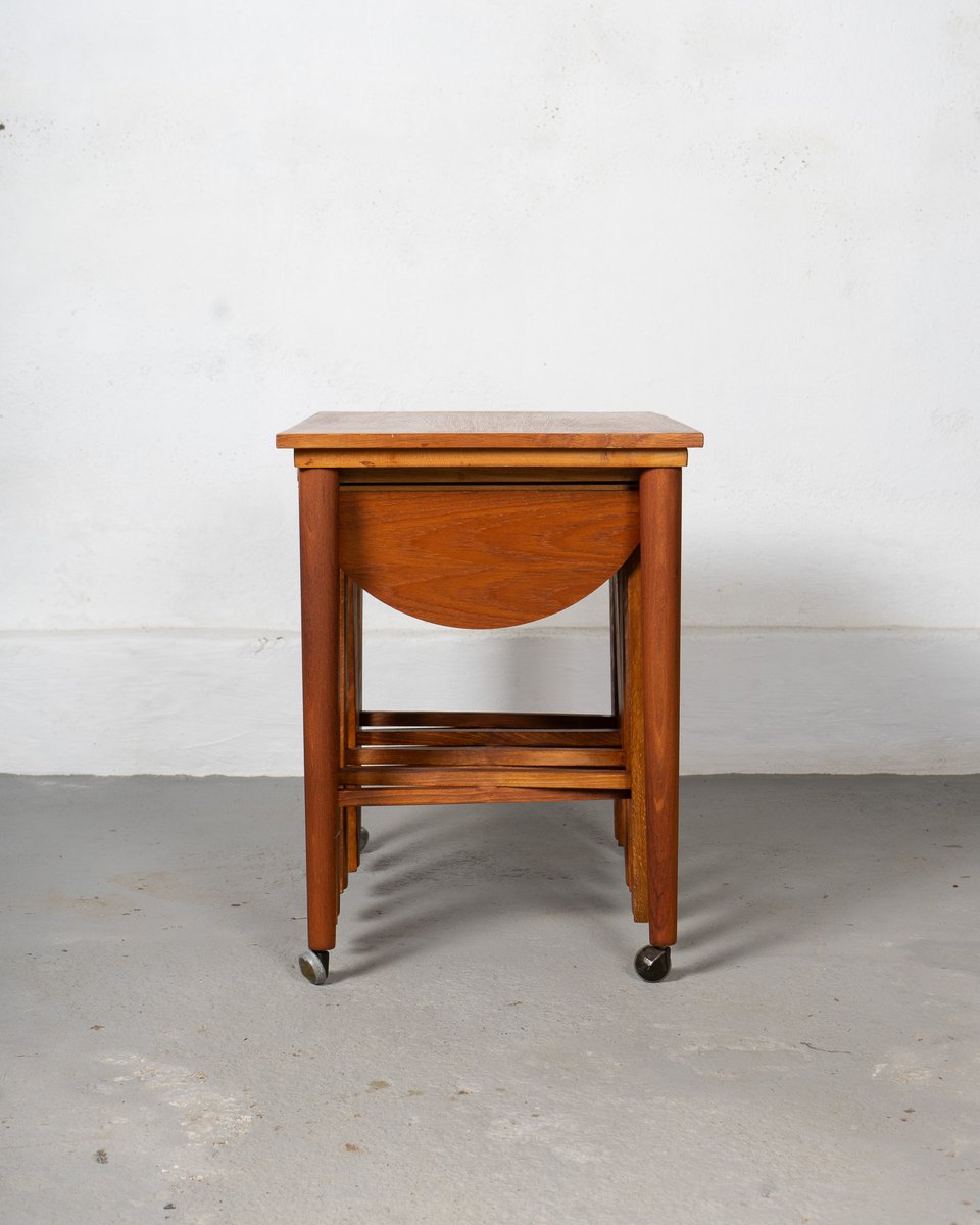 Nesting Table and Foldable Stools in Teak and Beech, 1970s, Set of 5