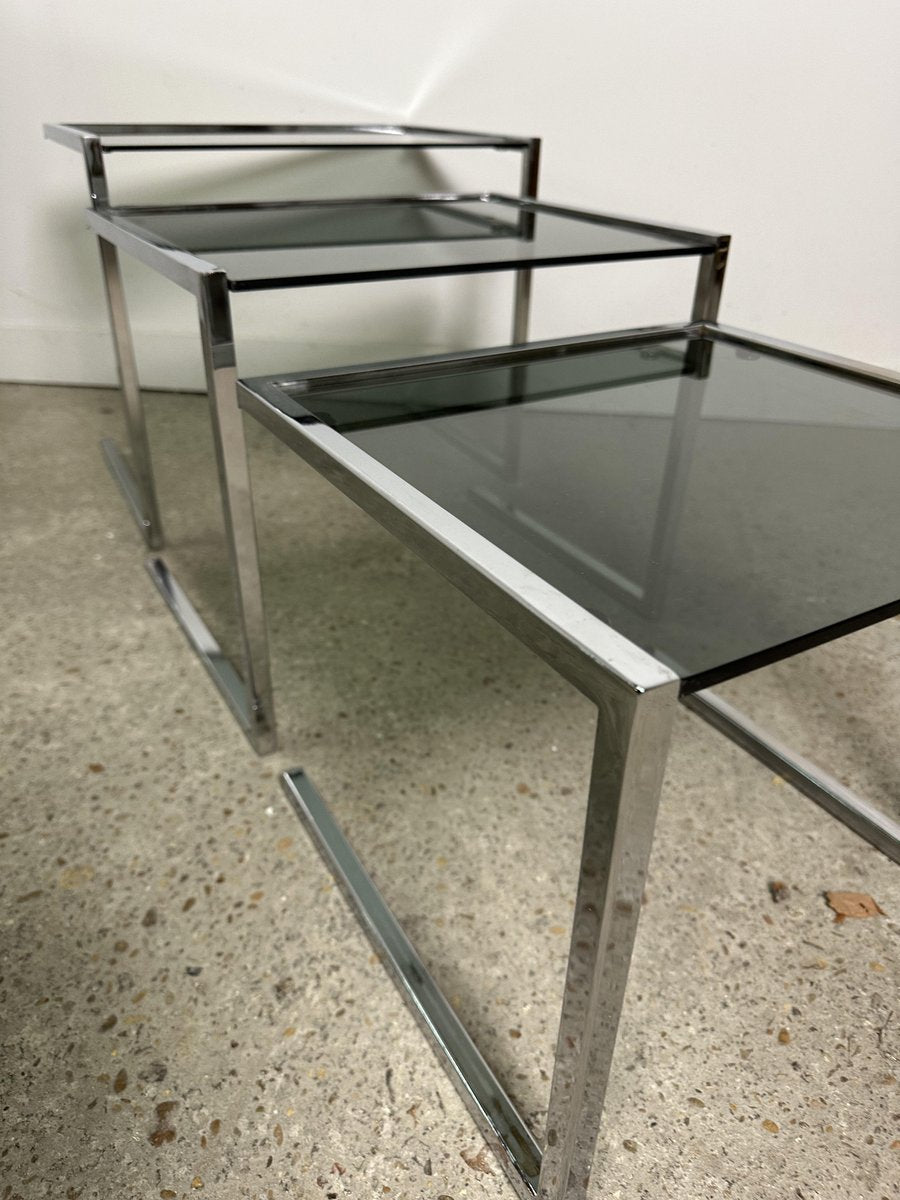 Nesting Table in Chrome Metal and Smoked Glass, 1980, Set of 3