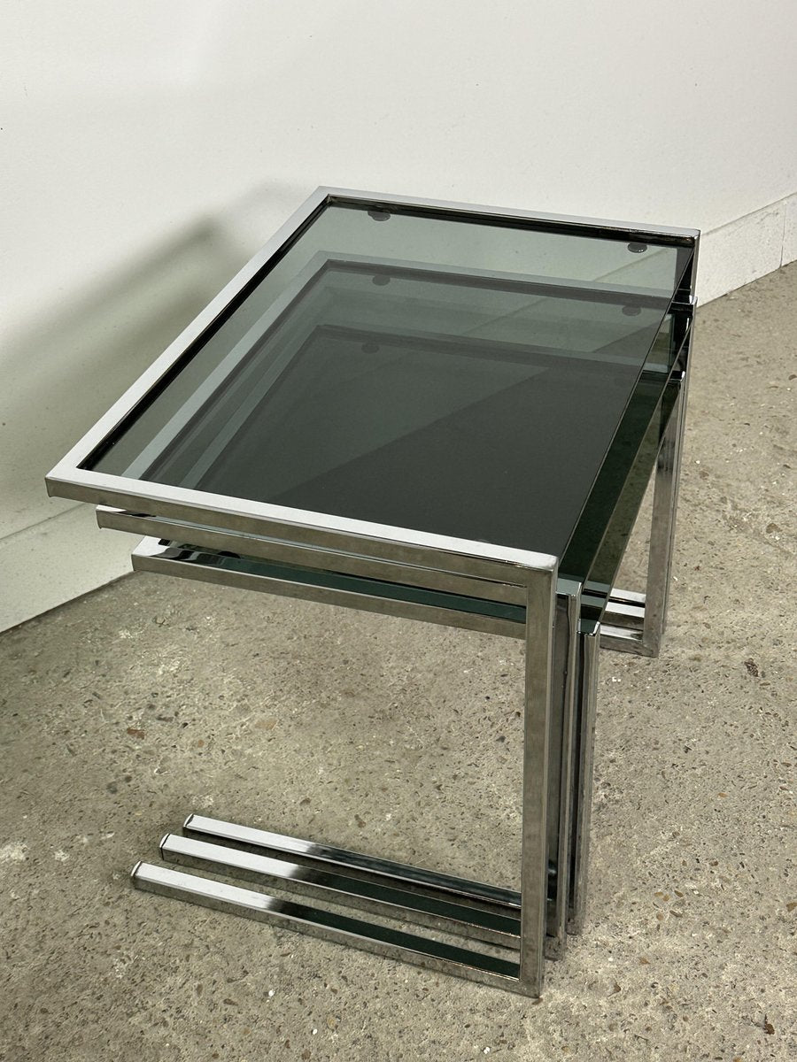 Nesting Table in Chrome Metal and Smoked Glass, 1980, Set of 3