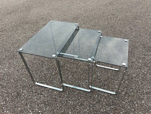 Nesting Table in Glass and Chrome, 1970s, Set of 3-AVC-2018473