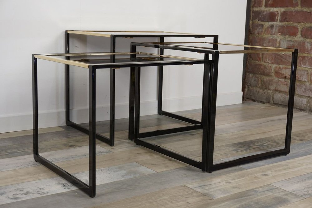 Nesting Tables in Black with Gold-Plated Metal Foot, 1970s, Set of 3