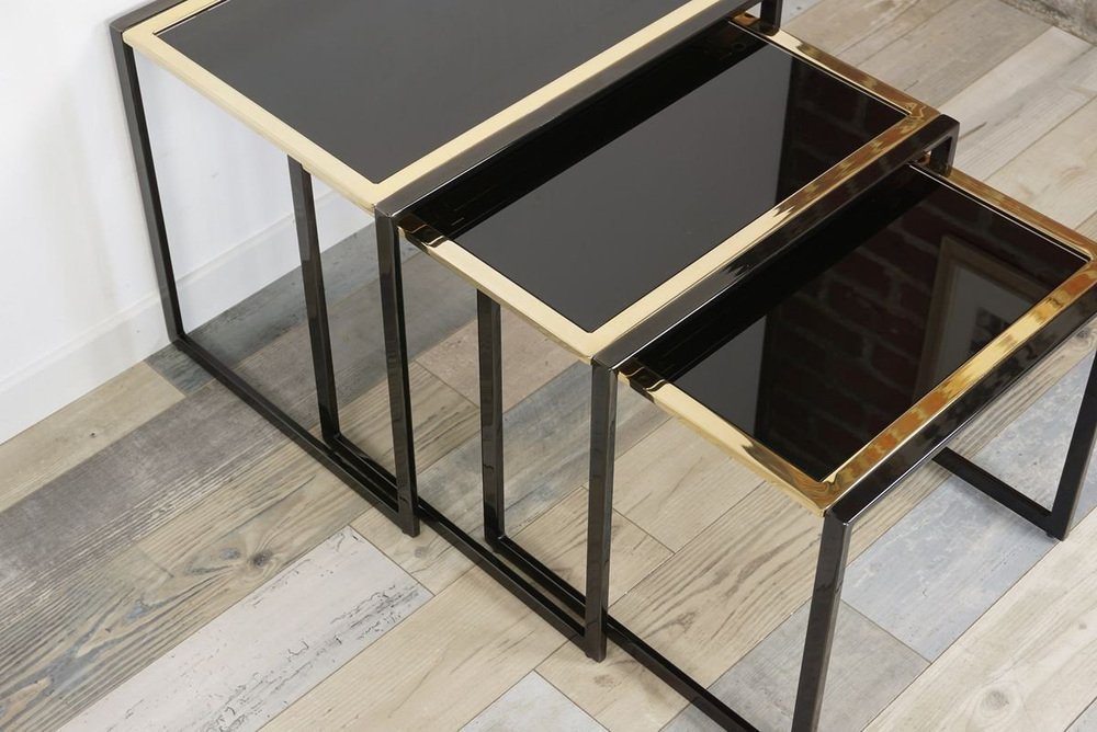 Nesting Tables in Black with Gold-Plated Metal Foot, 1970s, Set of 3