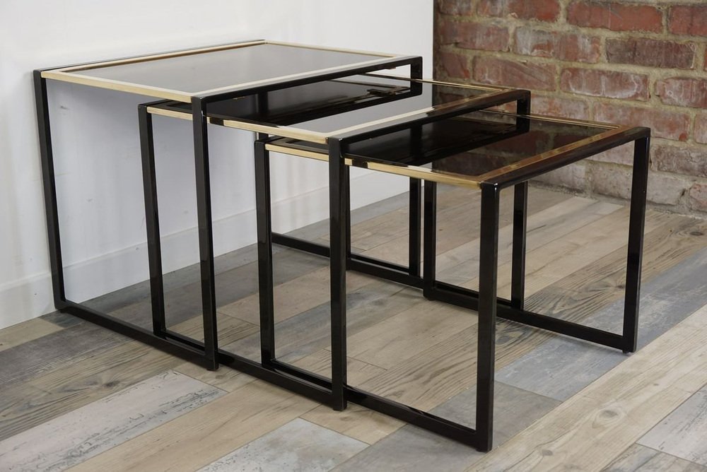 Nesting Tables in Black with Gold-Plated Metal Foot, 1970s, Set of 3