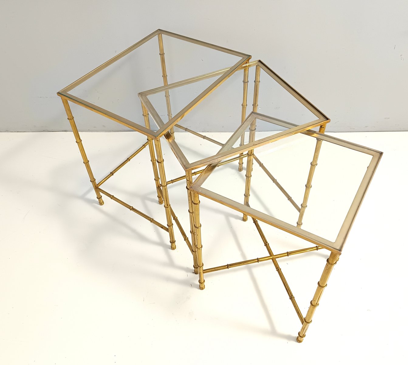 Nesting Tables in Brass and Glass by Jacques Adnet, 1960s, Set of 3, Set of 3