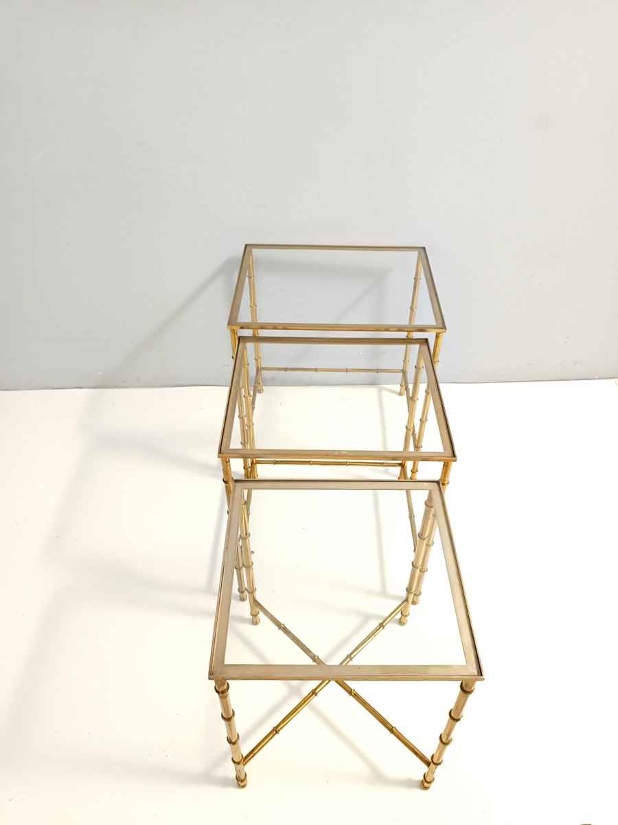 Nesting Tables in Brass and Glass by Jacques Adnet, 1960s, Set of 3, Set of 3