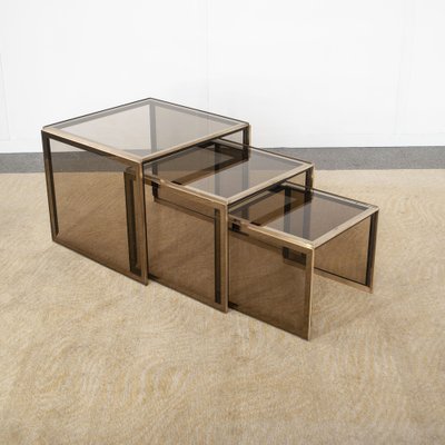 Nesting Tables in ​​Brass and Smoked Glass by Renato Zevi, 1960s-1970s, Set of 3-JQO-1726150