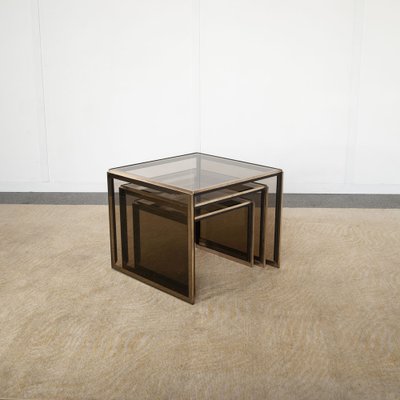 Nesting Tables in ​​Brass and Smoked Glass by Renato Zevi, 1960s-1970s, Set of 3-JQO-1726150