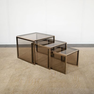 Nesting Tables in ​​Brass and Smoked Glass by Renato Zevi, 1960s-1970s, Set of 3-JQO-1726150