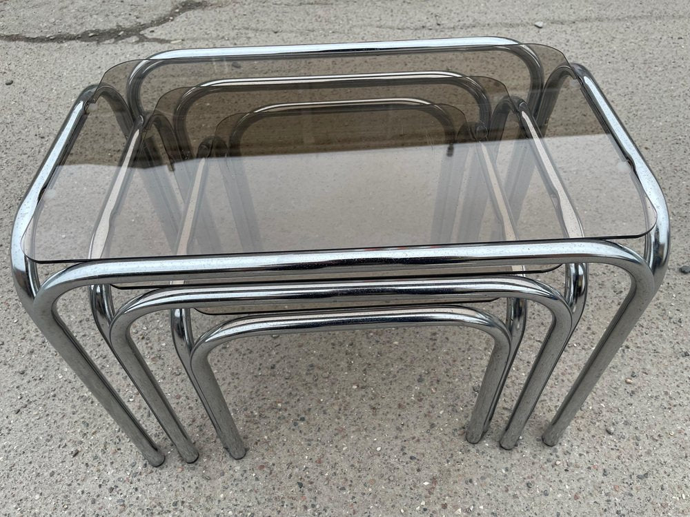 Nesting Tables in Chrome and Smoked Glass by Milo Baughman, 1974, Set of 3