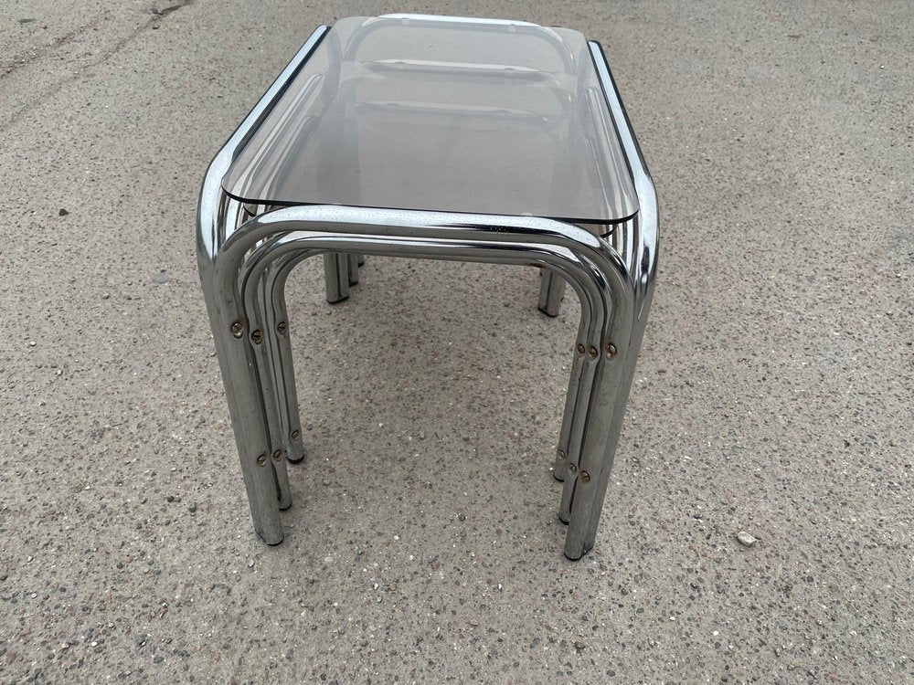 Nesting Tables in Chrome and Smoked Glass by Milo Baughman, 1974, Set of 3