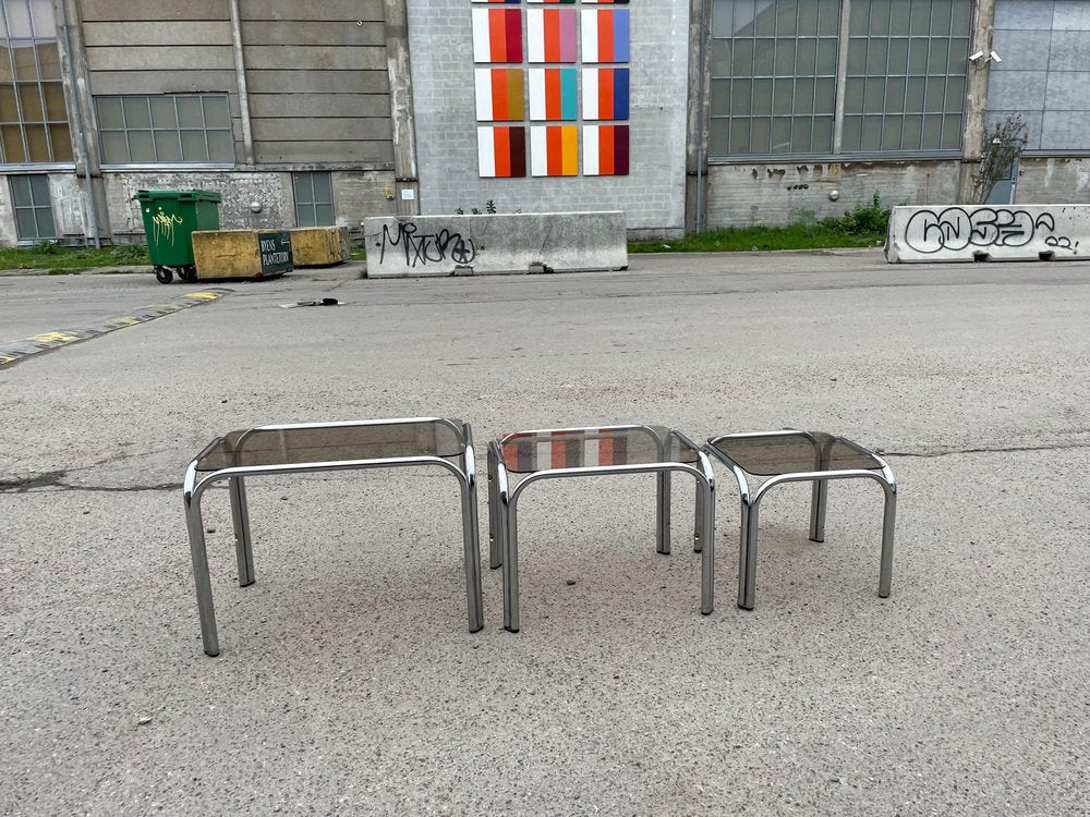 Nesting Tables in Chrome and Smoked Glass by Milo Baughman, 1974, Set of 3