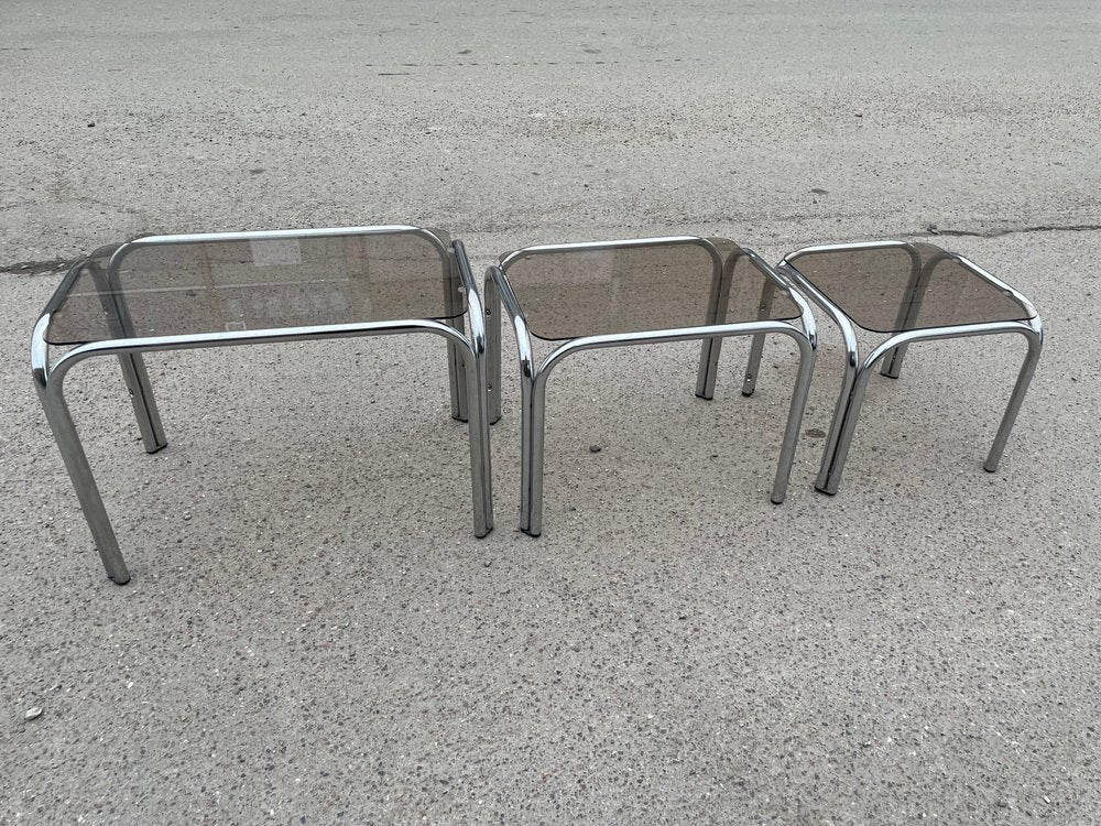 Nesting Tables in Chrome and Smoked Glass by Milo Baughman, 1974, Set of 3