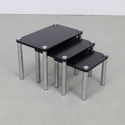 Nesting Tables in Chrome and Wood, 1970s, Set of 3-RZV-1756906