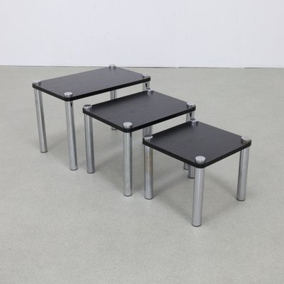 Nesting Tables in Chrome and Wood, 1970s, Set of 3-RZV-1756906