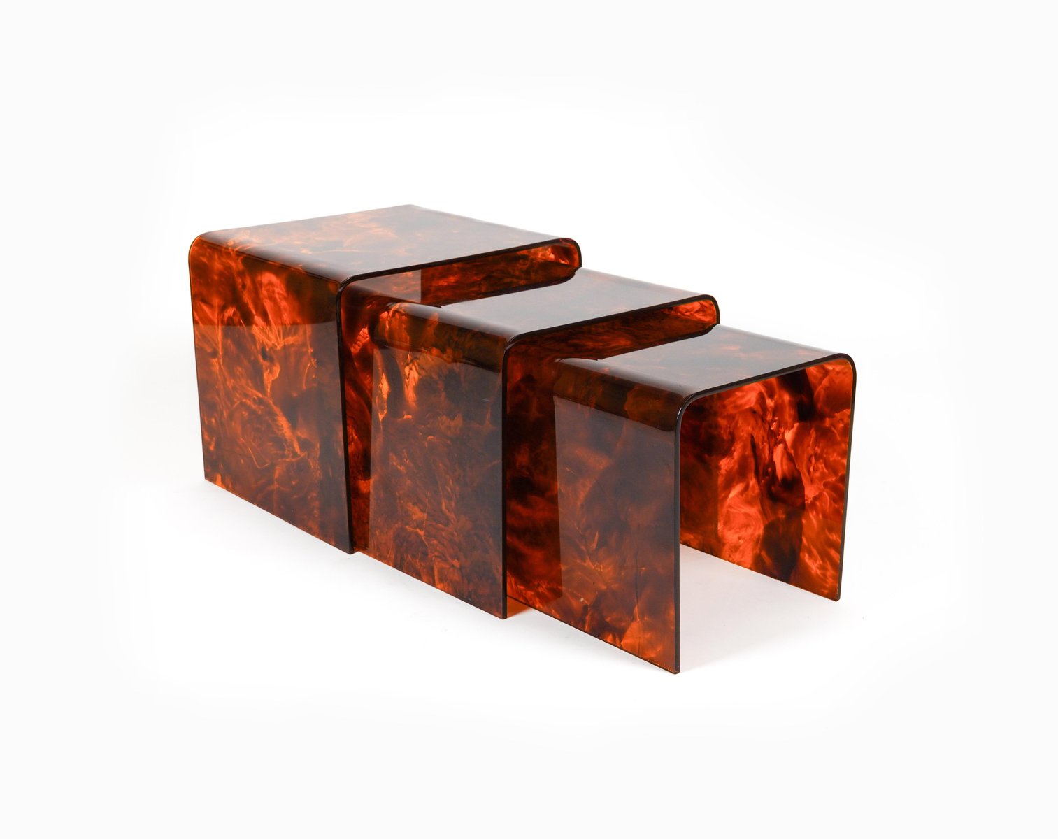 Nesting Tables in Faux Tortoiseshell Acrylic Glass in the style of Christian Dior, Italy, 1970s, Set of 3