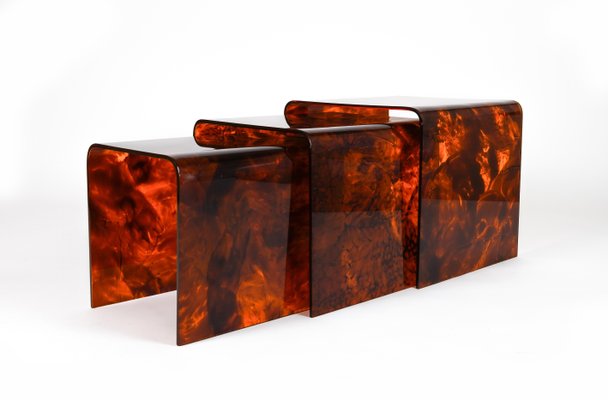 Nesting Tables in Faux Tortoiseshell Acrylic Glass in the style of Christian Dior, Italy, 1970s, Set of 3-LYQ-1729864