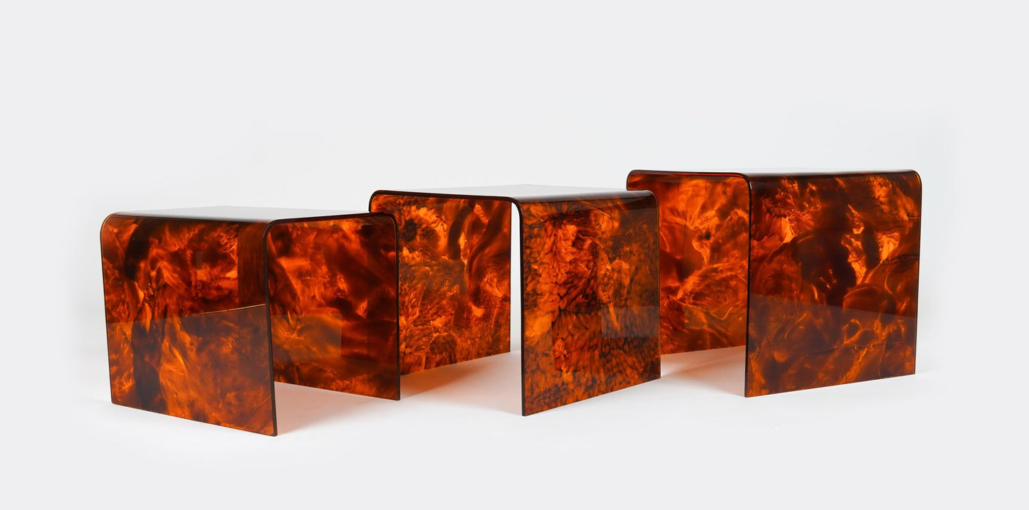 Nesting Tables in Faux Tortoiseshell Acrylic Glass in the style of Christian Dior, Italy, 1970s, Set of 3