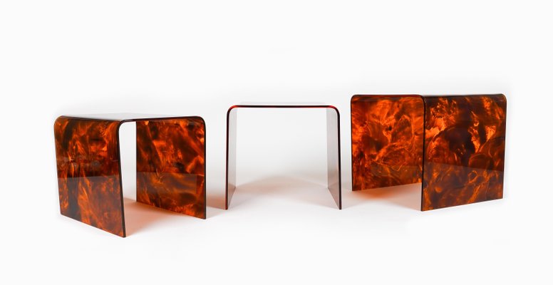 Nesting Tables in Faux Tortoiseshell Acrylic Glass in the style of Christian Dior, Italy, 1970s, Set of 3-LYQ-1729864