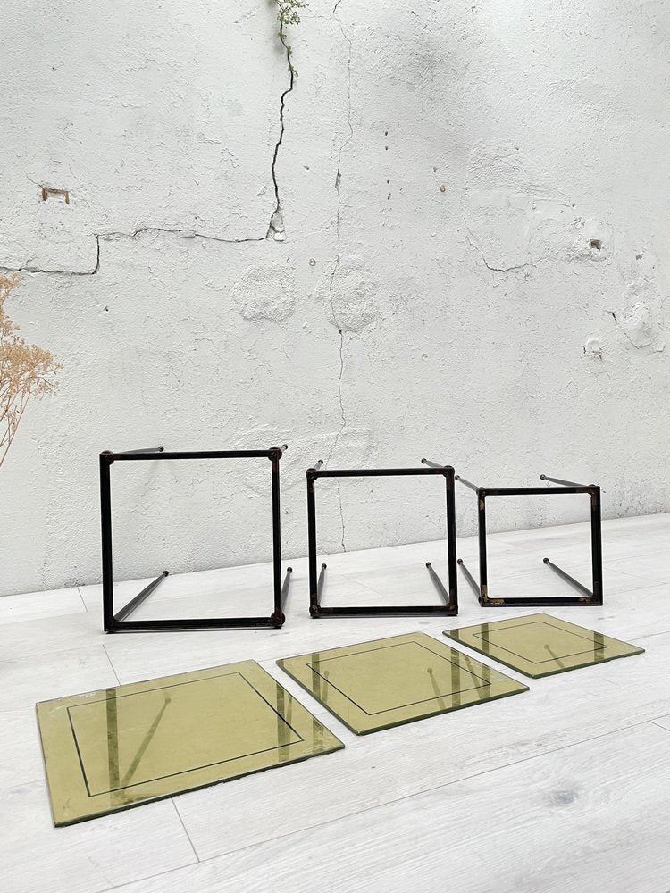 Nesting Tables in Metal and Glass, Set of 3