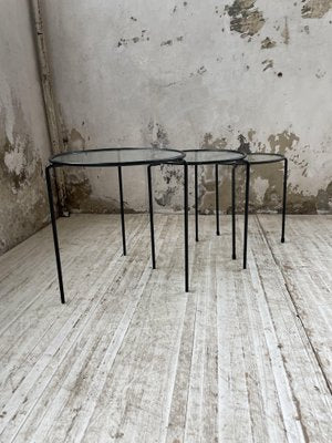 Nesting Tables in Metal & Glass, 1950s, Set of 3-LCU-1402981