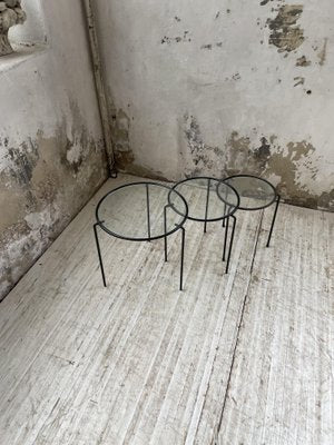 Nesting Tables in Metal & Glass, 1950s, Set of 3-LCU-1402981