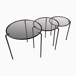 Nesting Tables in Metal & Glass, 1950s, Set of 3-LCU-1402981