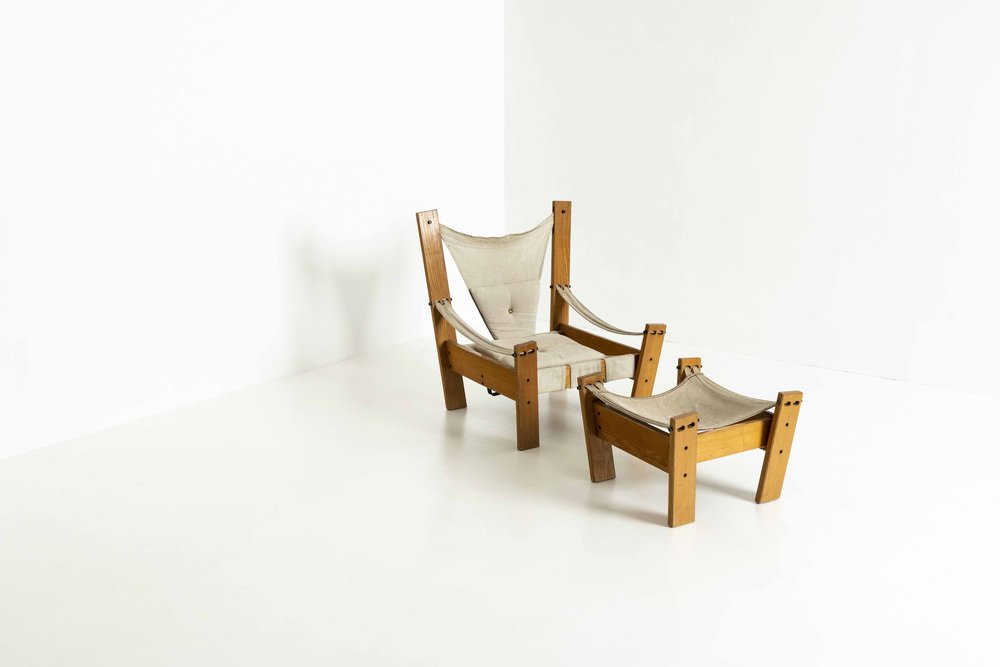 Netherland Easy Chair in Pinewood & Canvas with Stool by John De Haard for Gebroeders Jonkers Noordwolde, Set of 2