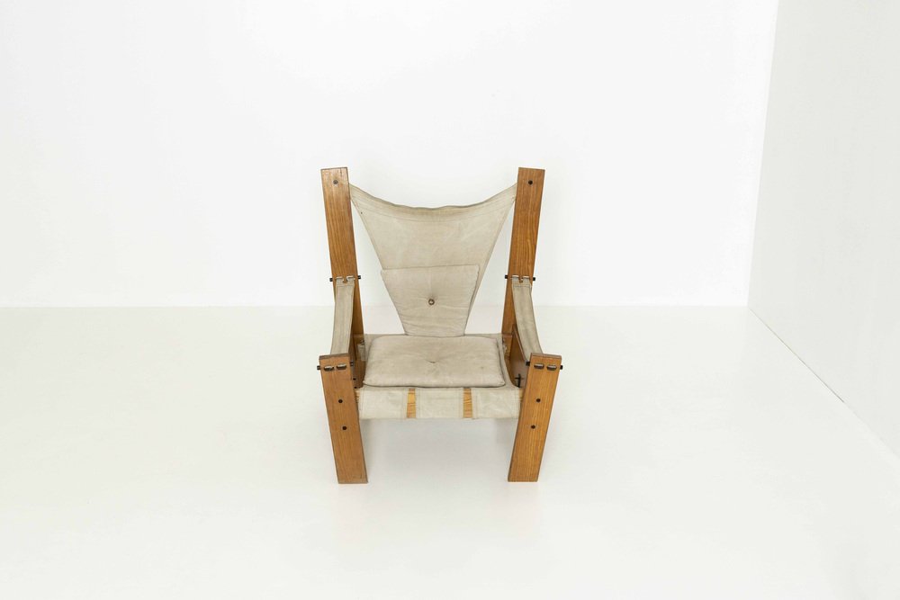 Netherland Easy Chair in Pinewood & Canvas with Stool by John De Haard for Gebroeders Jonkers Noordwolde, Set of 2