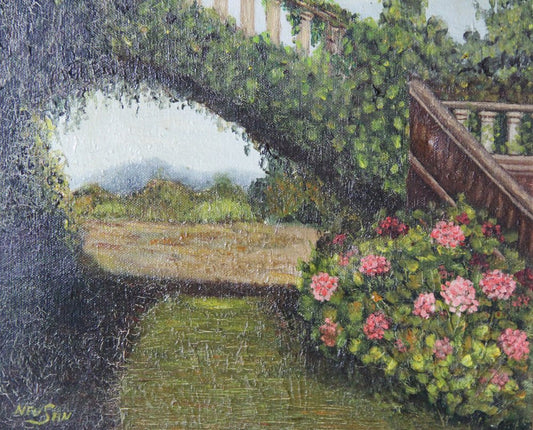 Neu San, The Flowered Bridge in the Garden, Oil on Canvas, Framed