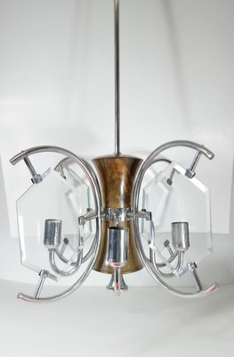 Nickel Plated Art Deco Chandelier of Walnut with Cut Glass Panels, 1930's-UWE-821928