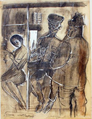 Nicola Simbari, Night Tram, Pencil and Charcoal, Mid-20th Century-ZCI-1788841