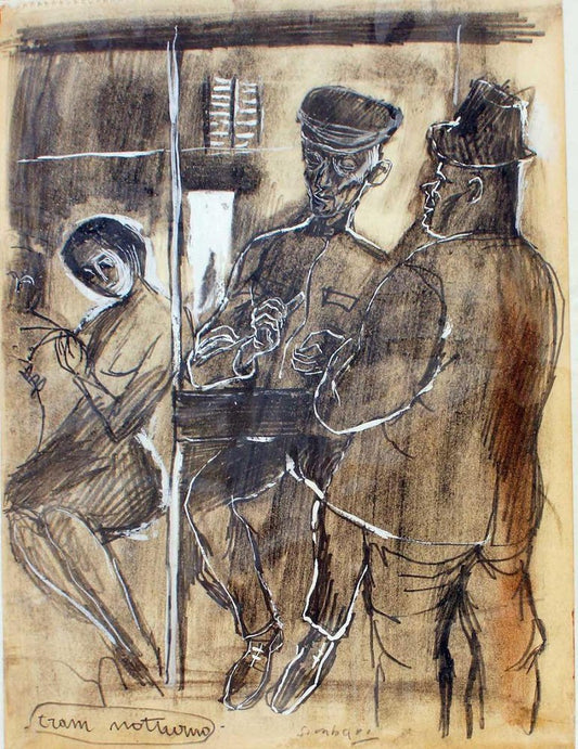 Nicola Simbari, Night Tram, Pencil and Charcoal, Mid-20th Century