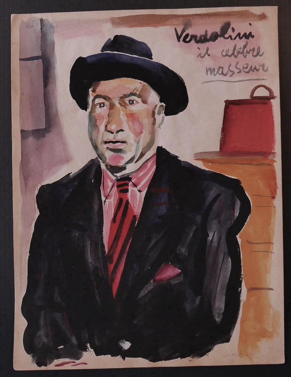 Nicola Simbari - Verdolini the Famous Masseur - Original Watercolor - 1960s