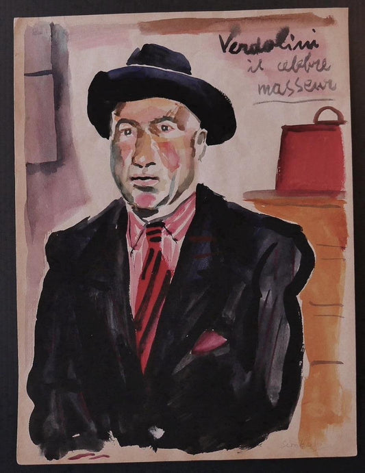 Nicola Simbari - Verdolini the Famous Masseur - Original Watercolor - 1960s